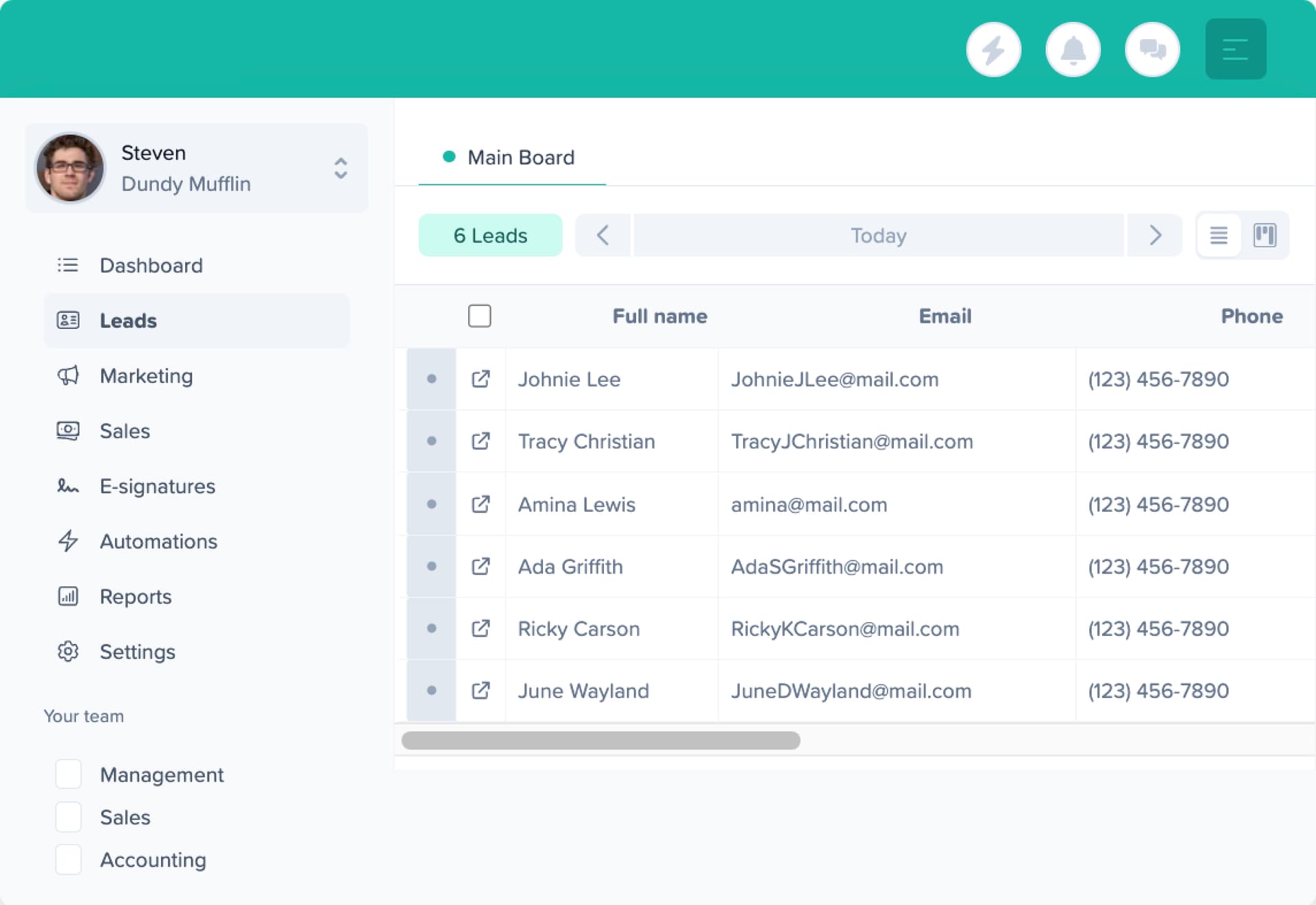 Network Leads CRM dashboard — lead list with contact details, pipeline stages, and team sidebar