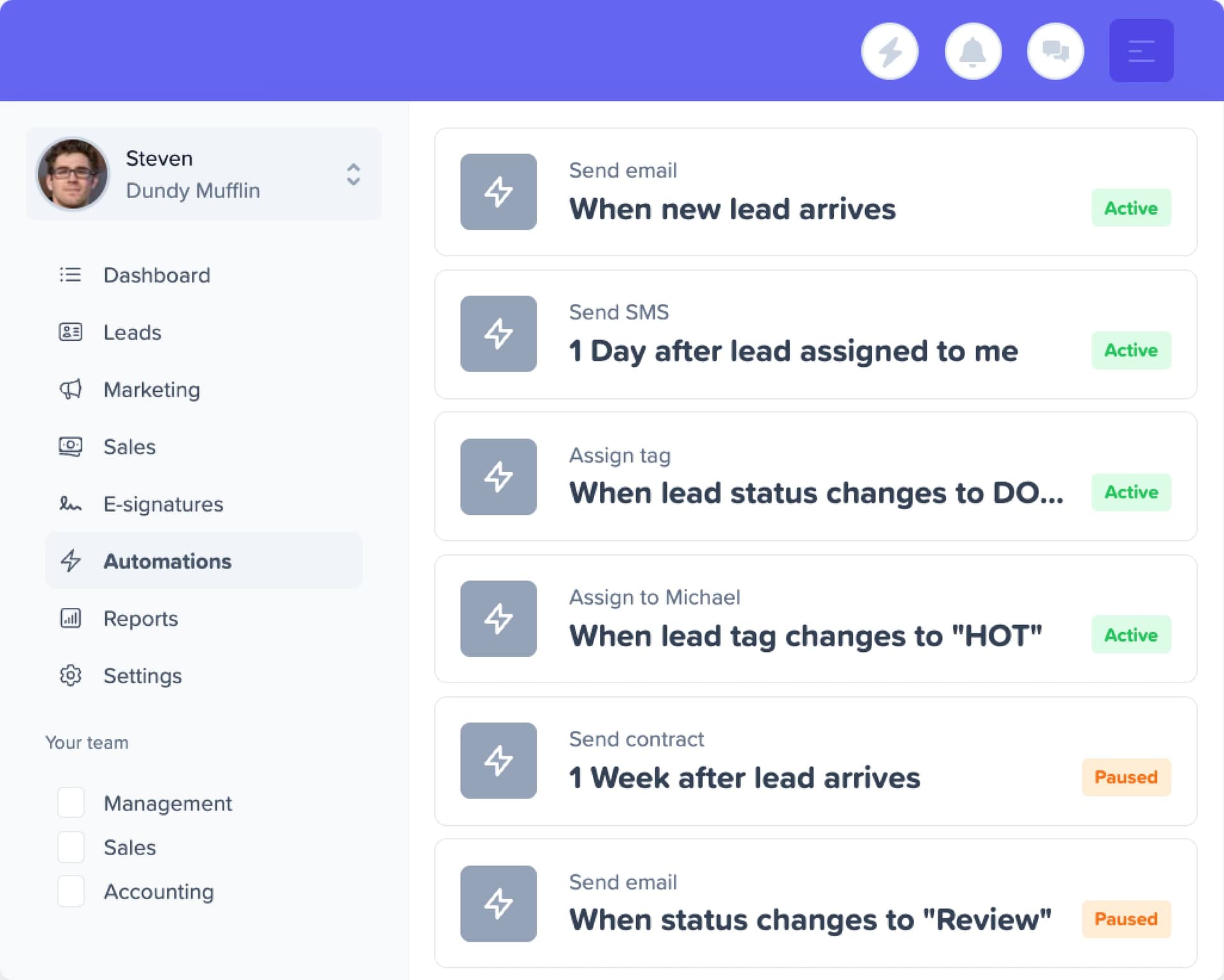 Automation workflows — auto-email on new lead, SMS follow-up, tag assignment, contract sending