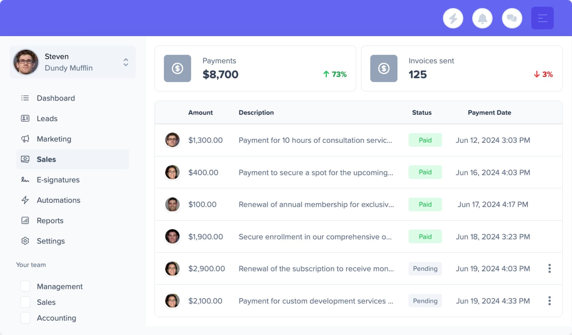 Sales dashboard — payments received, invoices sent, tracking for the sales team