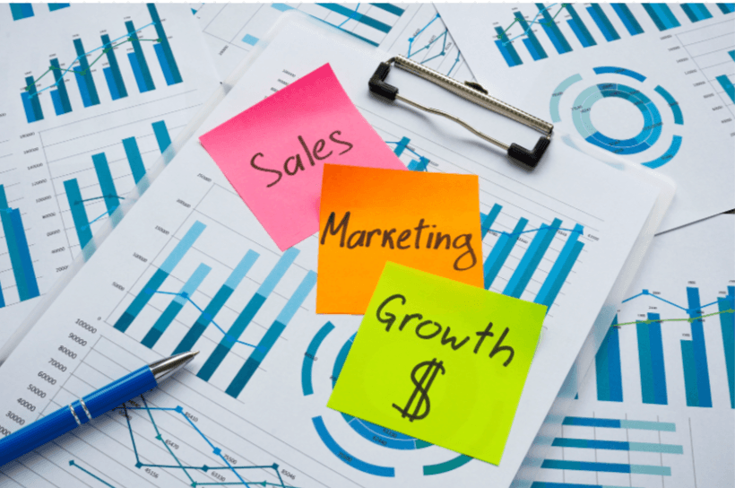 contact information . graph showing growth, marking and sales